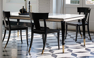 BLACK LACQUER & LEATHER DINING TABLE WITH MARBLE TOP 